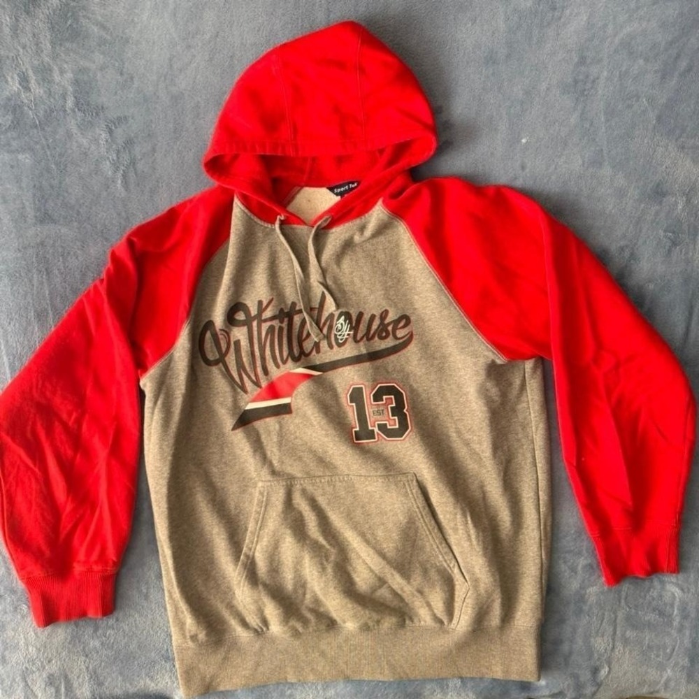 Sport tek Grey + red hoodie with pockets and drawstring waist. Men Size: XL